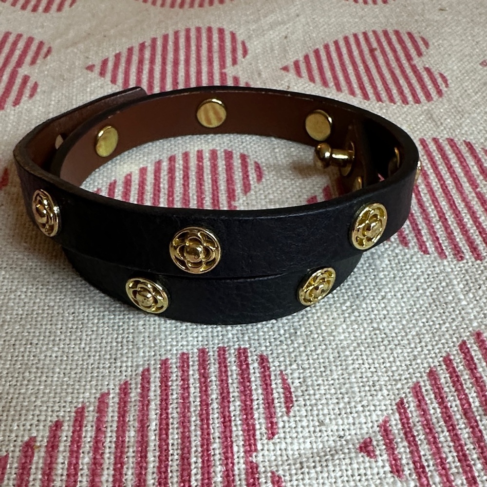 Black Leather Bracelet with Gold Accents